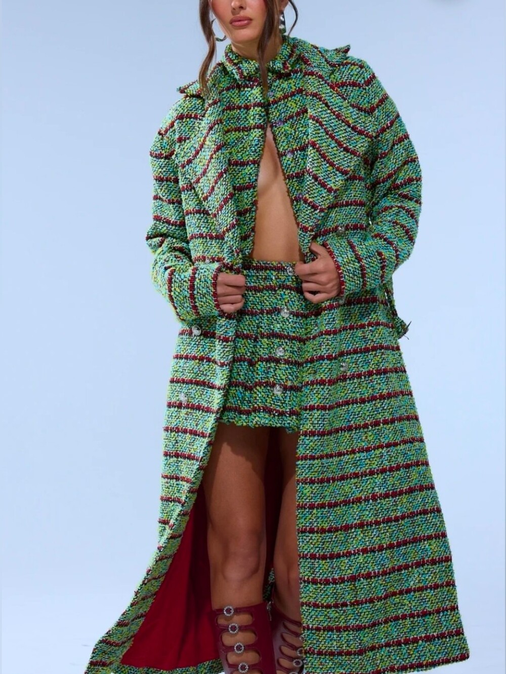 Green Multicolor Tweed Trench Sz L
